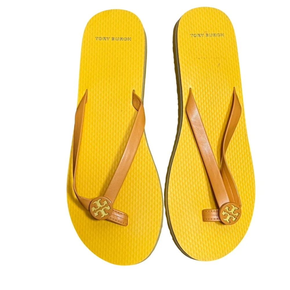 Tory Burch Yellow Tan Leather Mini Minnie Logo Flip Flop Sandals Womens Chic Sz9
